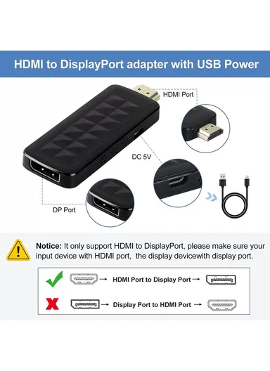 HDMI 2.0b to DisplayPort 1.4 Adapter 4K 60Hz / HDCP 2.3 Converter for Video Streaming / Gaming HD2