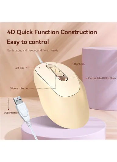 Business Office Wired Mouse 4D Buttons Silent Click Adjustable DPI Ergonomic Design V2  - Pink