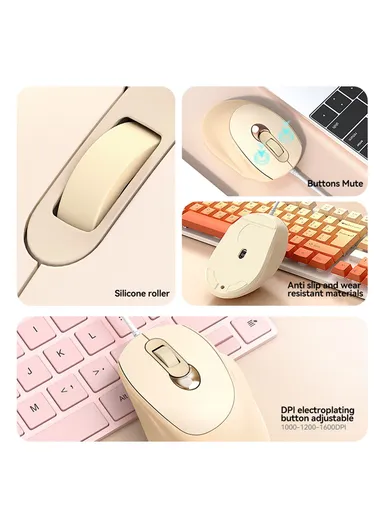 Business Office Wired Mouse 4D Buttons Silent Click Adjustable DPI Ergonomic Design V2  - Pink