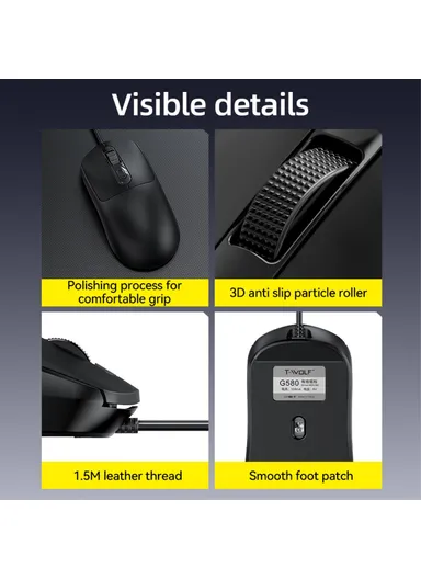 Wired Mouse Ergonomic Design Office Mouse with 3D Anti-Slip Grille Roller 1000-1600 DPI  G580 - White