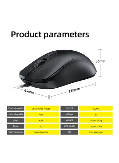 Wired Mouse Ergonomic Design Office Mouse with 3D Anti-Slip Grille Roller 1000-1600 DPI  G580 - White