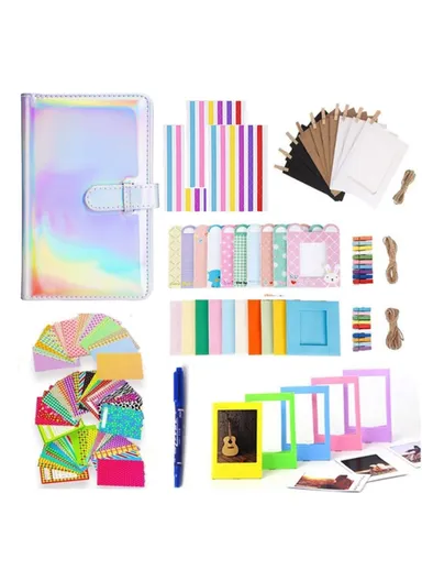 Colorful Bundle Kit Accessories Includes Photo Album, Hang Frames &amp; Border Stickers For FujiFilm Instax Mini - Magic Silver