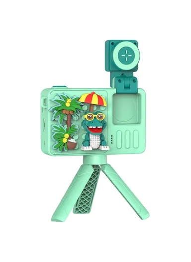 Crocodile Building Block Toy Flip Lens Camera 2.4-inch Screen Kids Camera with Tripod + 32 GB TF Card + Card Reader - Green M1 