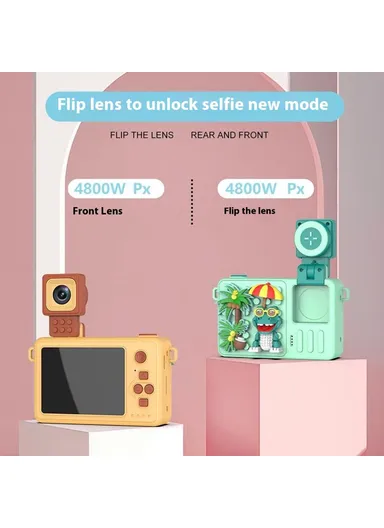 Crocodile Building Block Toy Flip Lens Camera 2.4-inch Screen Kids Camera with Tripod + 32 GB TF Card + Card Reader - Green M1 