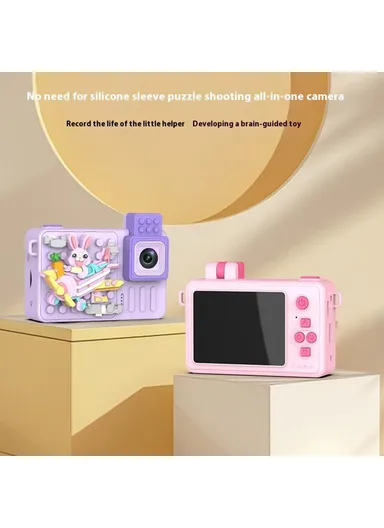 Rabbit Building Block Toy Flip Lens Camera 2.4-inch Screen Kids Camera with Tripod + 32 GB TF Card + Card Reader - Purple M1