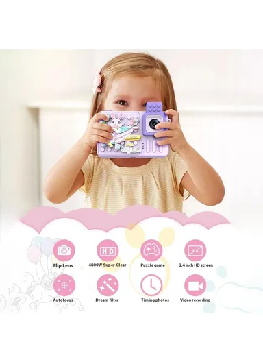 Rabbit Building Block Toy Flip Lens Camera 2.4-inch Screen Kids Camera with Tripod + 32 GB TF Card + Card Reader - Purple M1