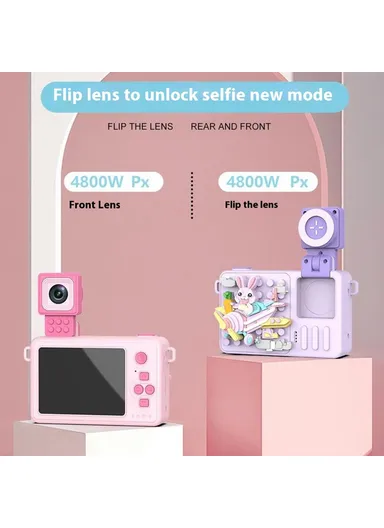 Rabbit Building Block Toy Flip Lens Camera 2.4-inch Screen Kids Camera with Tripod + 32 GB TF Card + Card Reader - Purple M1