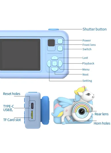 Cartoon Design 2-inch Screen Children HD Dual Lens Camera with Tripod - Blue D32 