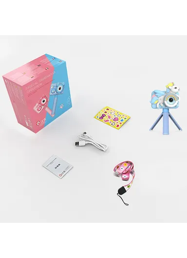 Cartoon Design 2-inch Screen Children HD Dual Lens Camera with Tripod - Blue D32 