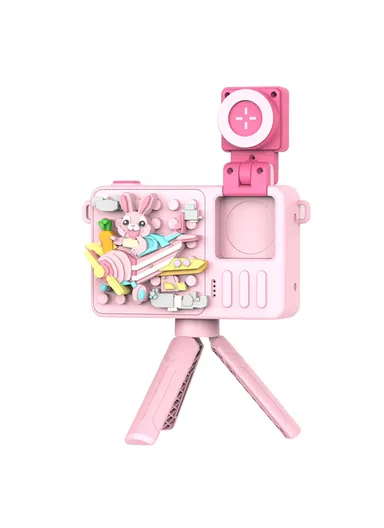 Rabbit Building Block Toy Flip Lens Digital Camera 2.4-inch Screen Kids Camera with Tripod - Pink M1