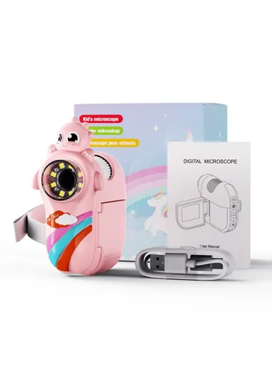 362 Cartoon Handheld Microscope for Children 2-inch IPS Screen 1000x Magnifying Glass with 8-LED Light - Pink