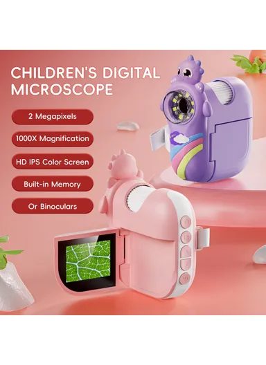 362 Cartoon Handheld Microscope for Children 2-inch IPS Screen 1000x Magnifying Glass with 8-LED Light - Pink