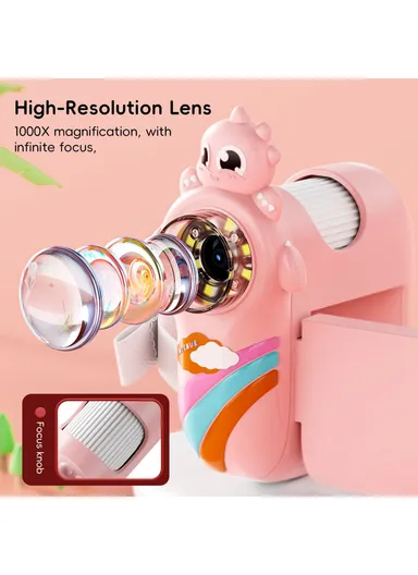 362 Cartoon Handheld Microscope for Children 2-inch IPS Screen 1000x Magnifying Glass with 8-LED Light - Pink