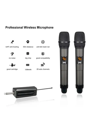 Professional Dual Dynamic Mic Handheld UHF Wireless Microphone System for Home KTV - Black W-15