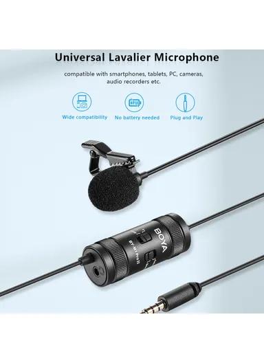 Pro II Clip-on Microphone Omni-directional Condenser Mic 3.5mm TRRS Plug with 6m Cable for Smartphone Camera Camcorder  BY-M1