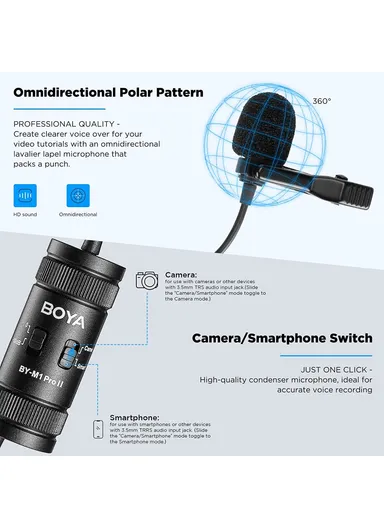 Pro II Clip-on Microphone Omni-directional Condenser Mic 3.5mm TRRS Plug with 6m Cable for Smartphone Camera Camcorder  BY-M1
