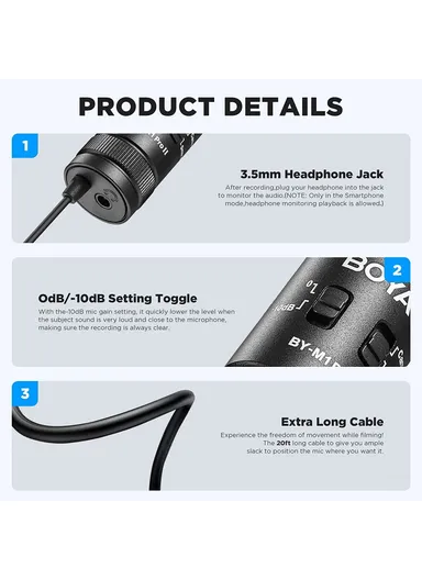 Pro II Clip-on Microphone Omni-directional Condenser Mic 3.5mm TRRS Plug with 6m Cable for Smartphone Camera Camcorder  BY-M1