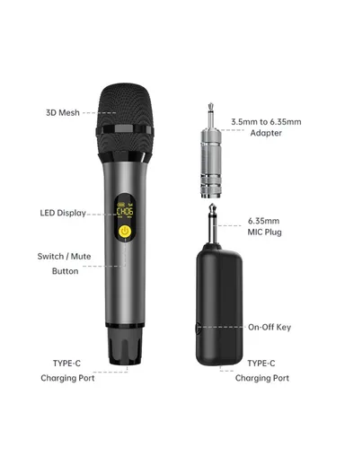 Singing Family KTV UHF Wireless Hand-Held Microphone Performance Live Streaming Mic, 1 Mic + 1 Receiver H21H - Grey