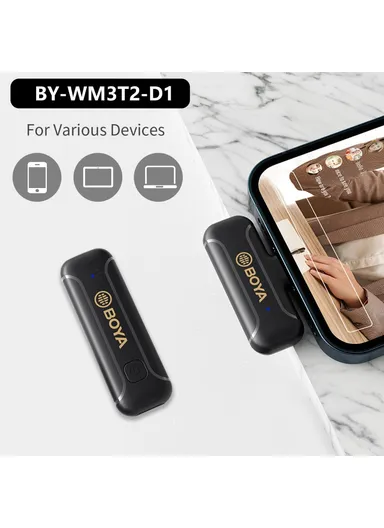 Wireless Lavalier Lapel Microphone 2.4GHz Dual Channel Mic with 1 Transmitter + 1 Receiver for Video Recording BY-WM3T2-D1
