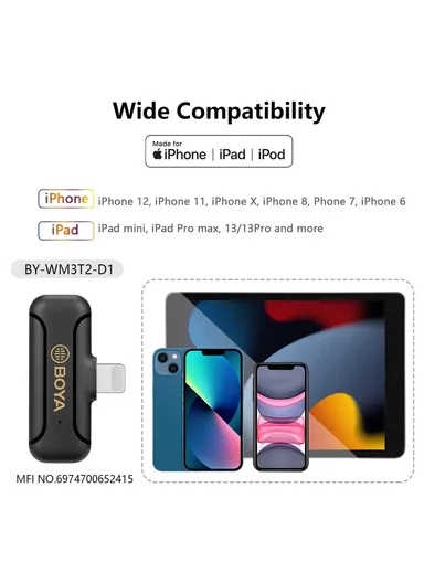 Wireless Lavalier Lapel Microphone 2.4GHz Dual Channel Mic with 1 Transmitter + 1 Receiver for Video Recording BY-WM3T2-D1