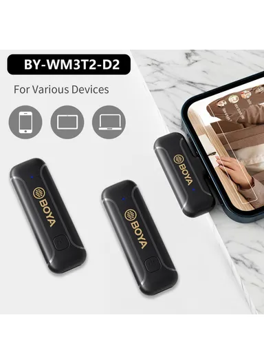 Wireless Lavalier Microphone System Plug and Play Mic with 2 Transmitters + 1 Receiver for Livestreaming Podcasting BY-WM3T2-D2