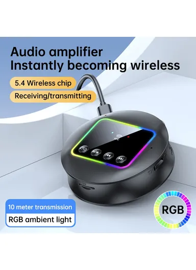 Wireless Audio Adapter 2 in 1 Receiver / Transmitter with RGB Ambient Light Support, AUX / RCA / TF Card NFC BT 5.4