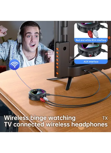 Wireless Audio Adapter 2 in 1 Receiver / Transmitter with RGB Ambient Light Support, AUX / RCA / TF Card NFC BT 5.4