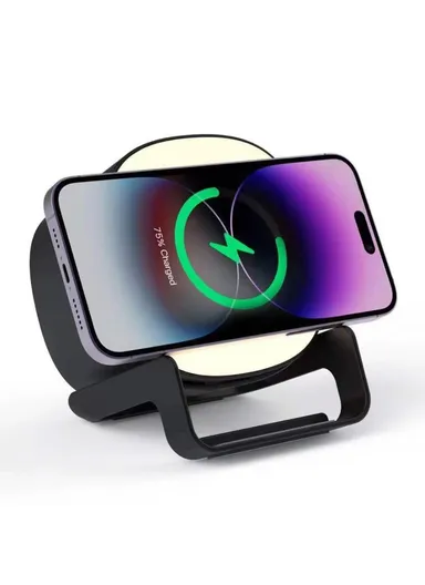 4-in-1 15W Wireless Charger Bluetooth-compatible Speaker Phone Holder Stand with Night Light L28 - Black