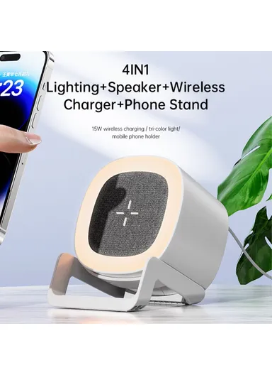 4-in-1 15W Wireless Charger Bluetooth-compatible Speaker Phone Holder Stand with Night Light L28 - Black