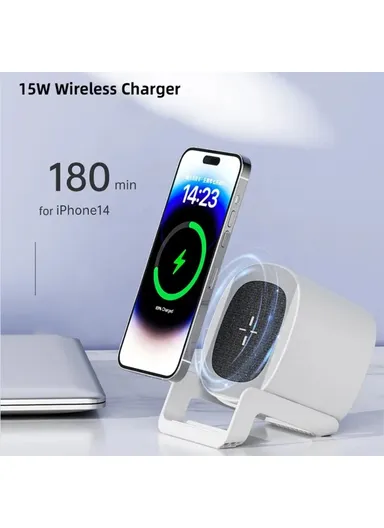 4-in-1 15W Wireless Charger Bluetooth-compatible Speaker Phone Holder Stand with Night Light L28 - Black
