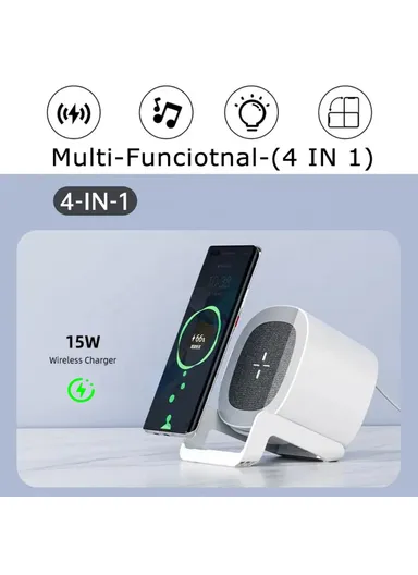 4-in-1 15W Wireless Charger Bluetooth-compatible Speaker Phone Holder Stand with Night Light L28 - White