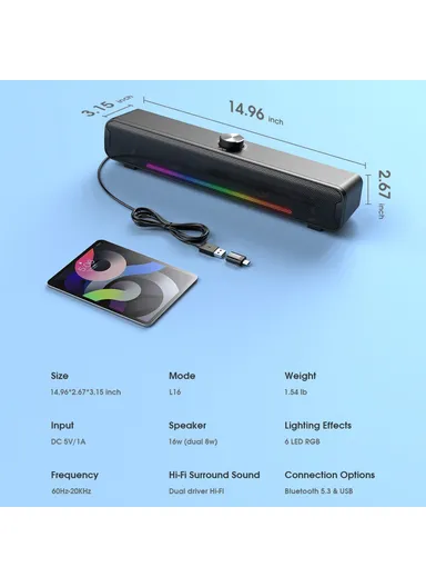 Wired Desktop Soundbar Speaker RGB Light HiFi Music Subwoofer Support Bluetooth-compatible Connection L16