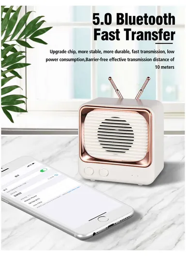 Mini Portable Retro Style TV Shape Bluetooth-compatible 5.0 Speaker Support TF Card - White