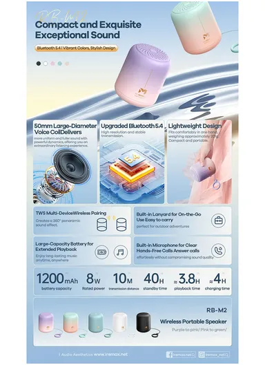 Wireless Portable Speaker, 8W Bluetooth-compatible 5.4, IPX5 Waterproof Loudspeaker RB-M2 - Black