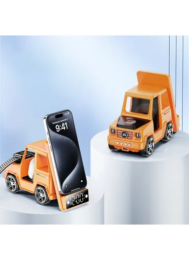 15W 6-in-1 Car Shape Desktop Wireless Charger Bluetooth-compatible Speaker Clock Atmosphere Light G63 - Orange