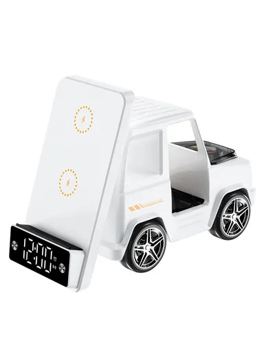 15W 6-in-1 Car Shape Desktop Wireless Charger Bluetooth-compatible Speaker Clock Atmosphere Light G63 - White