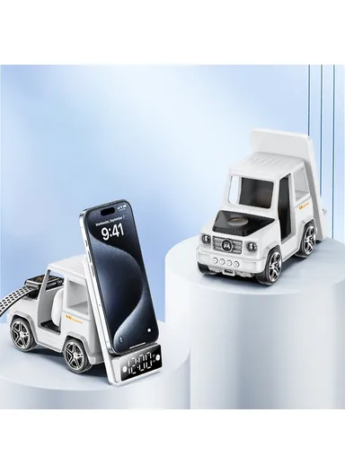 15W 6-in-1 Car Shape Desktop Wireless Charger Bluetooth-compatible Speaker Clock Atmosphere Light G63 - White