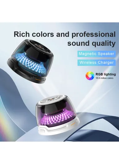 Portable Bluetooth-compatible Speaker 15W Magnetic Wireless Charger Subwoofer with RGB Ambient Light R9 - White