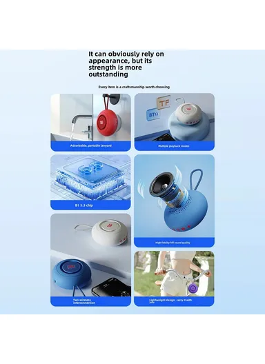 Bathroom Waterproof Suction Cup, Bluetooth-Compatible Speaker Portable, TWS Wireless, Audio Player Support TF Card TG442- Black