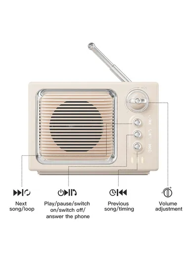 White Noise Sleep Speaker, Retro Mini TV Design Sound Box Wireless Music Player with FM Radio - Beige