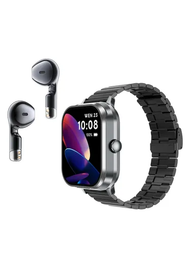 D8 Pro 2-in-1 Bluetooth-compatible TWS Earphone Health Monitoring Bluetooth-compatible Calling Smart Watch, Steel Strap - Silver