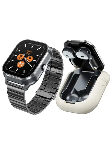 D8 Pro 2-in-1 Bluetooth-compatible TWS Earphone Health Monitoring Bluetooth-compatible Calling Smart Watch, Steel Strap - Silver