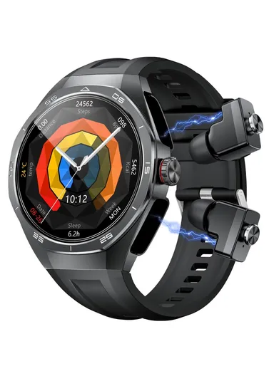 2 in 1 Bluetooth-compatible TWS Earphones 1.53 Inch Round Screen Heart Rate Monitor Smart Watch GT97 - Black Silicone Strap