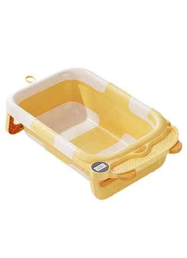 Collapsible TPE+PP Infant Baby Bath Tub with Thermometer for Newborn Toddler RJ307 - Yellow
