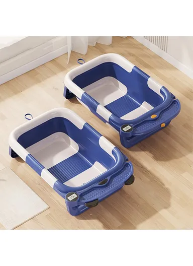 Collapsible TPE+PP Infant Baby Bath Tub with Thermometer for Newborn Toddler RJ307 - Blue