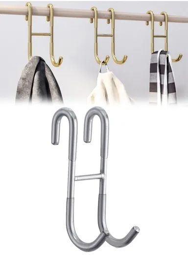 Drill Free S Shape Dual Hook Space Saving Stainless Steel Hanger for Bathroom Kitchen - Matte Silver