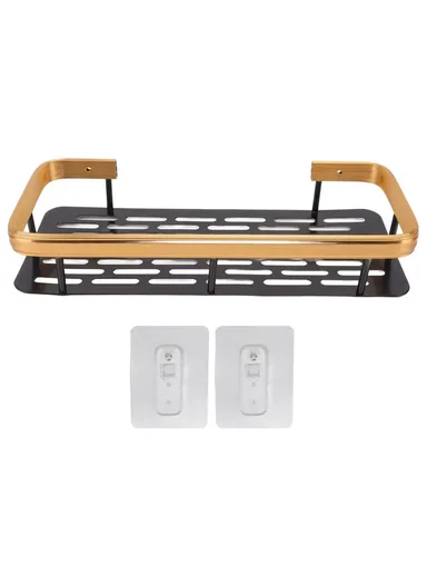 Punch-Free Aluminum Storage Rack Bathroom Organization Shelf, Wide Edge Single Layer Rectangular - Black+Gold