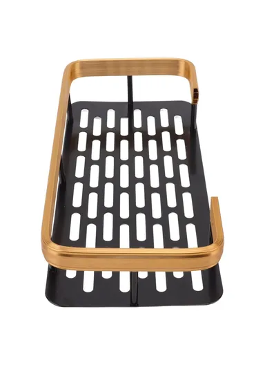 Punch-Free Aluminum Storage Rack Bathroom Organization Shelf, Wide Edge Single Layer Rectangular - Black+Gold
