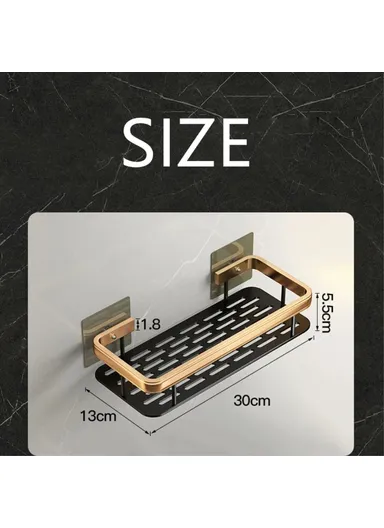 Punch-Free Aluminum Storage Rack Bathroom Organization Shelf, Wide Edge Single Layer Rectangular - Black+Gold
