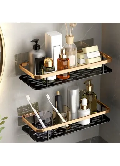 Punch-Free Aluminum Storage Rack Bathroom Organization Shelf, Wide Edge Single Layer Rectangular - Black+Gold